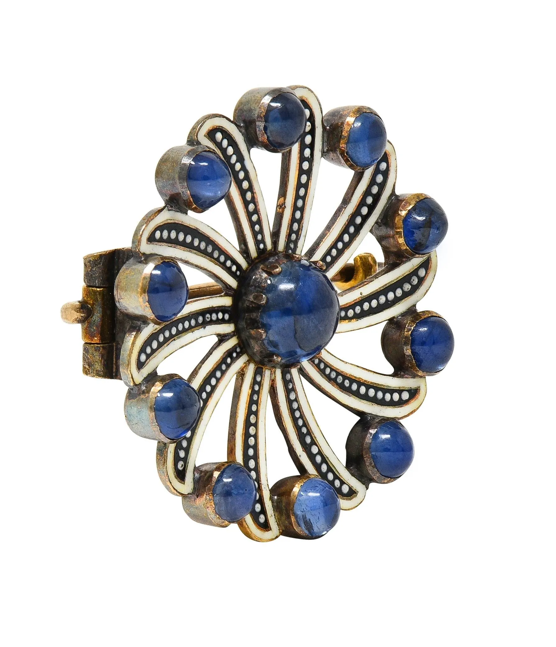 Victorian 2.70 CTW Sapphire Enamel 18 Karat Yellow Gold Spiral Circle Brooch