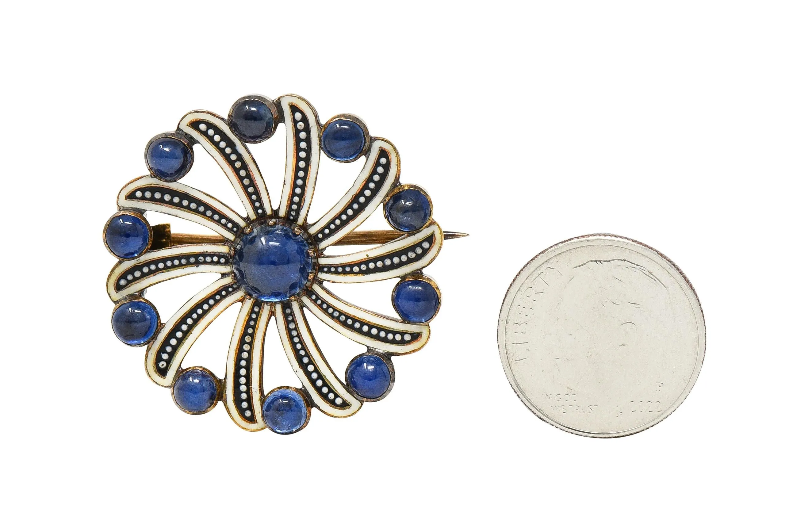 Victorian 2.70 CTW Sapphire Enamel 18 Karat Yellow Gold Spiral Circle Brooch