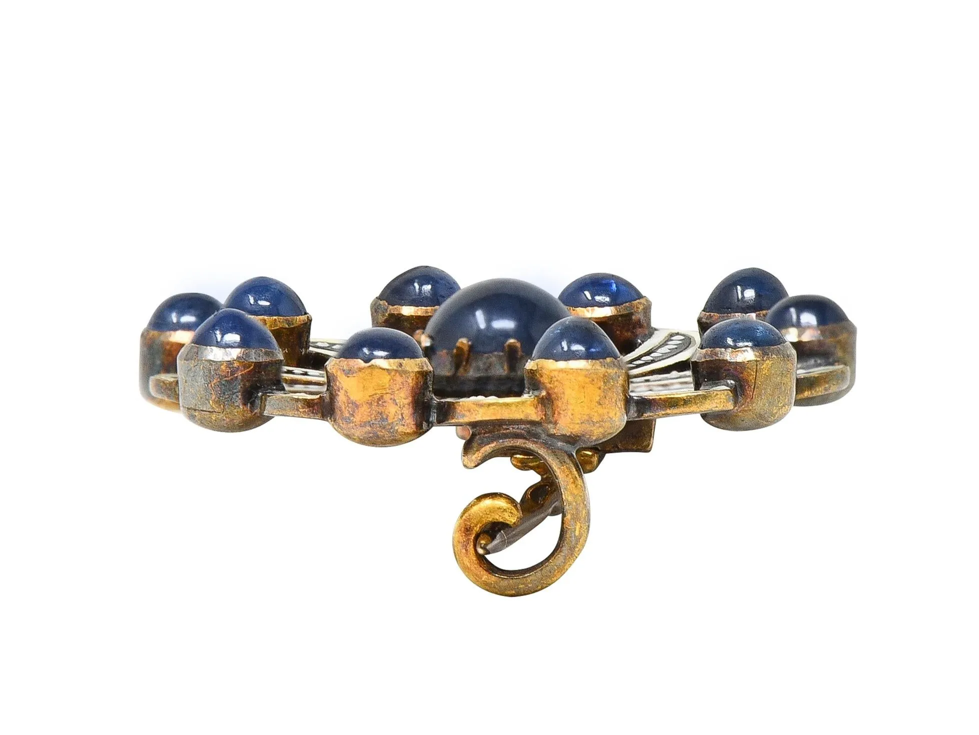 Victorian 2.70 CTW Sapphire Enamel 18 Karat Yellow Gold Spiral Circle Brooch