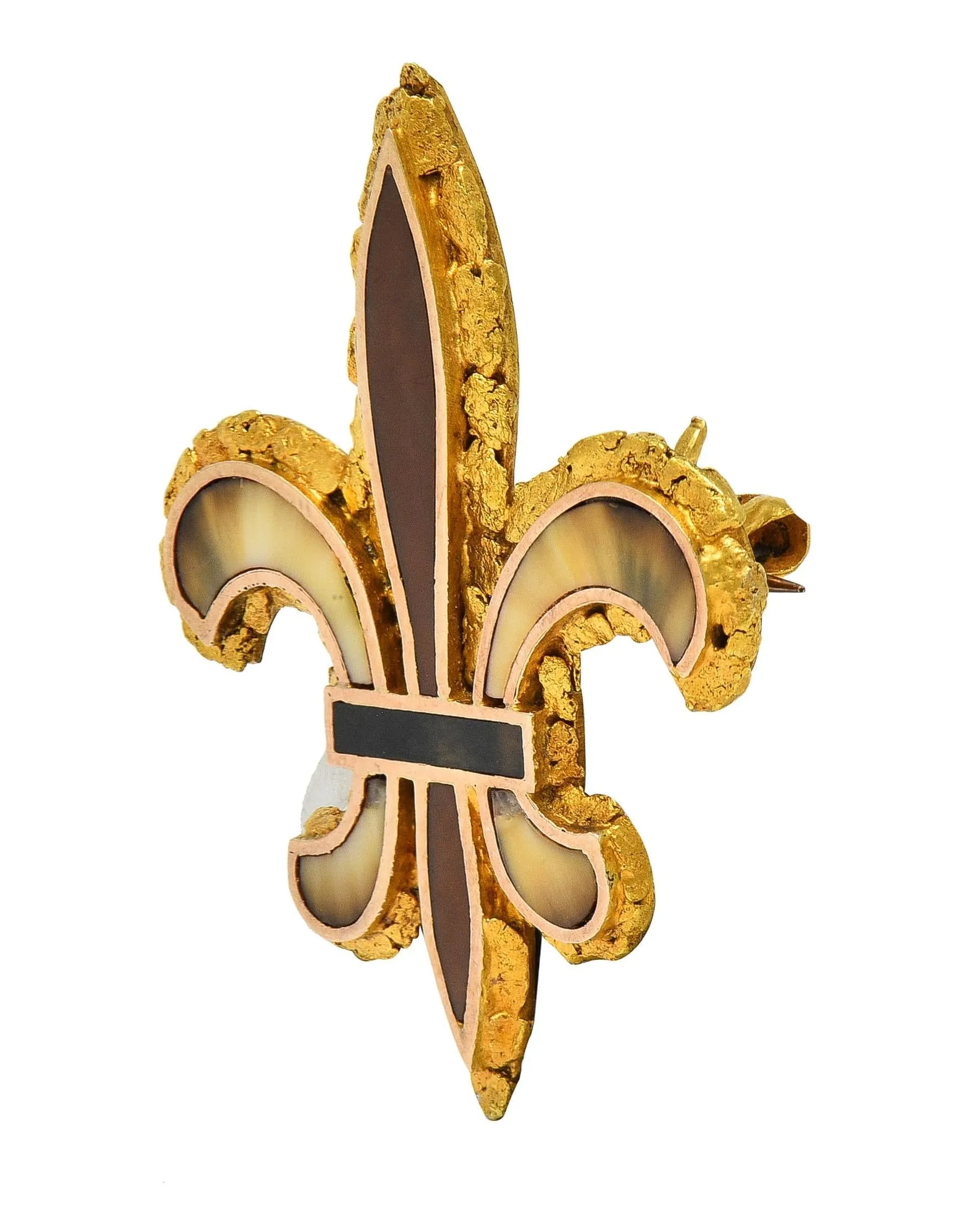 Victorian Petrified Fossil 24 Karat Yellow Gold Nugget Antique Fleur-De-Lis Brooch