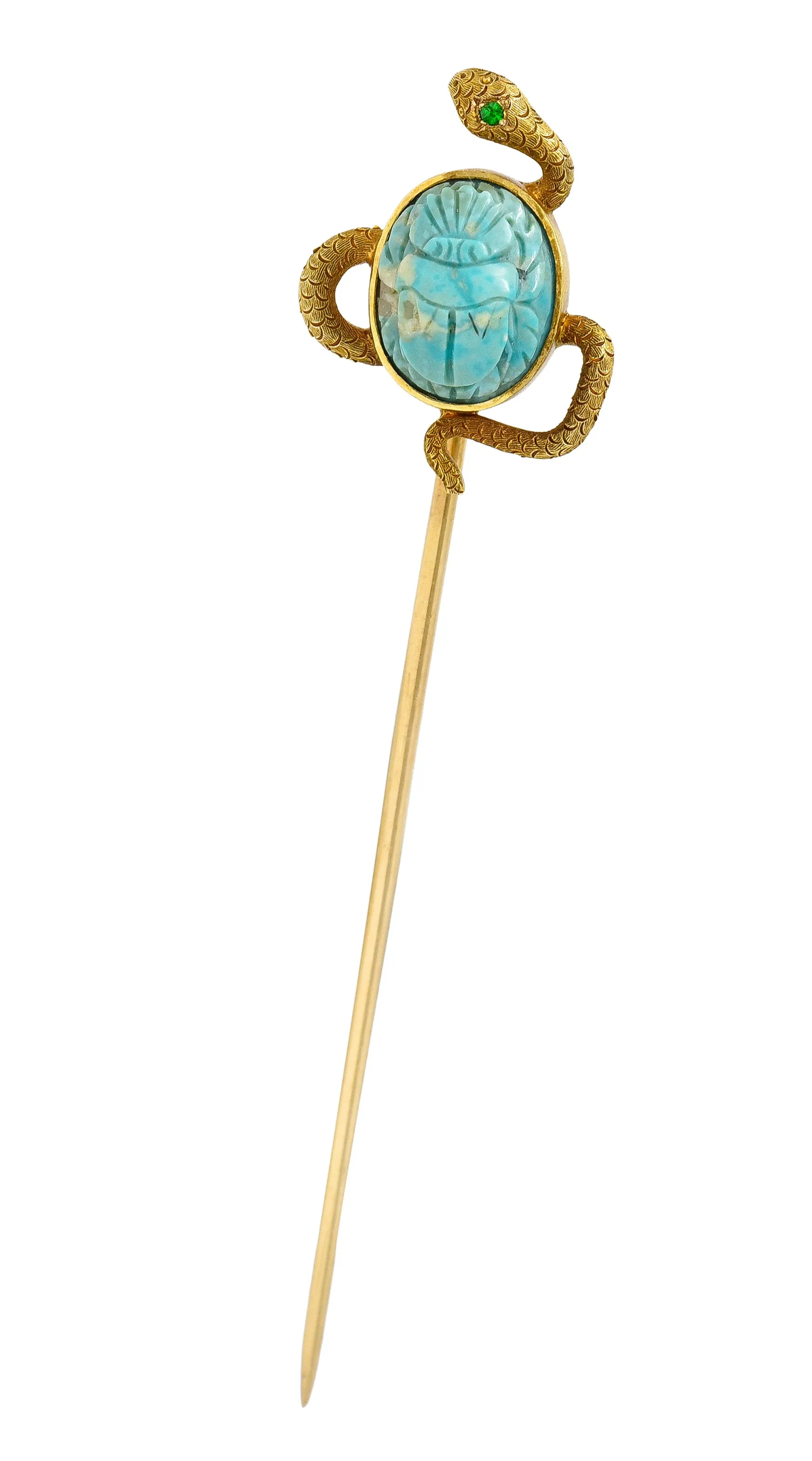 Victorian Turquoise Emerald 14 Karat Yellow Gold Scarab Snake Antique Unisex Stickpin