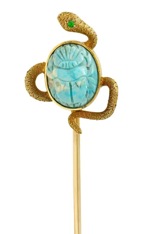 Victorian Turquoise Emerald 14 Karat Yellow Gold Scarab Snake Antique Unisex Stickpin