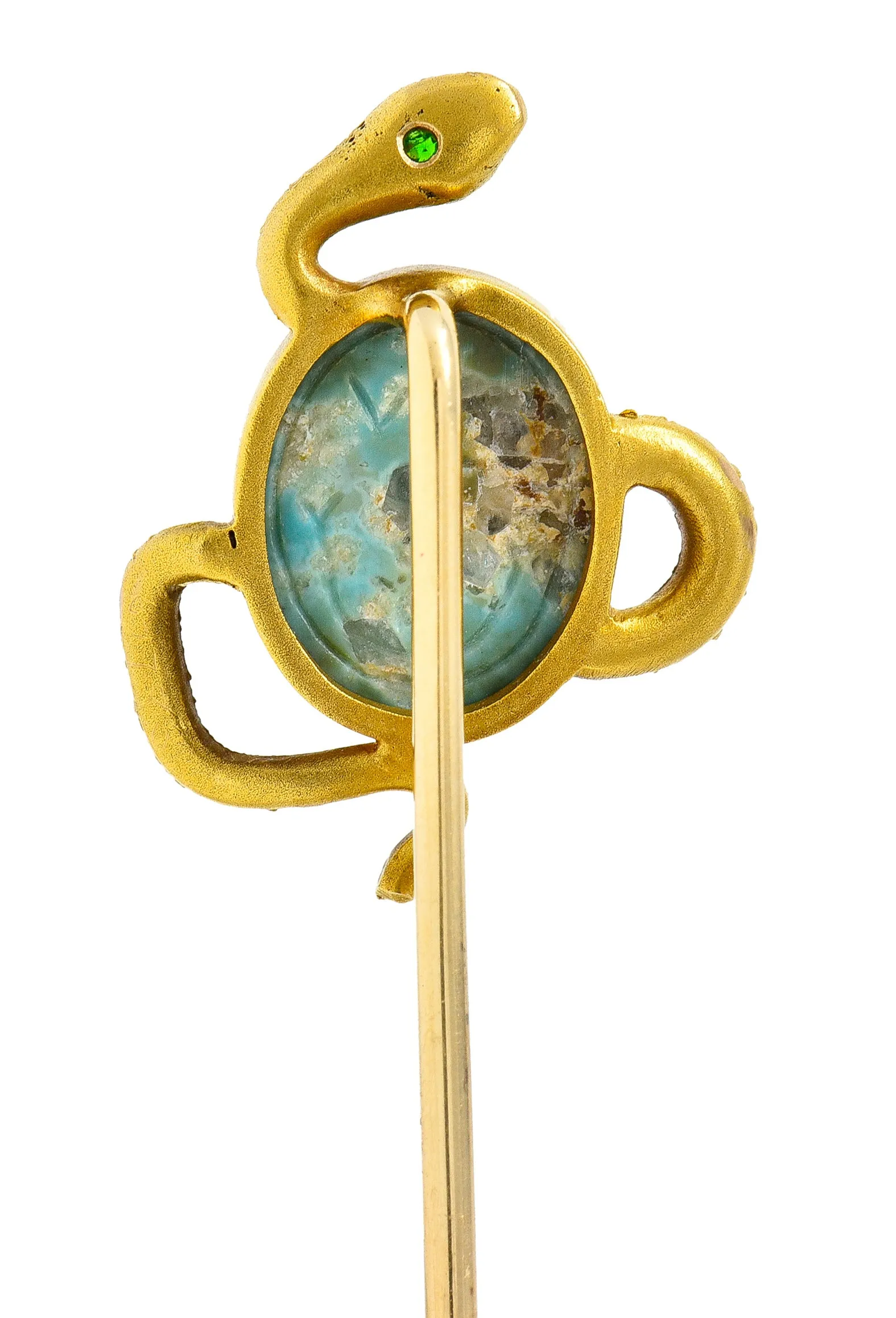 Victorian Turquoise Emerald 14 Karat Yellow Gold Scarab Snake Antique Unisex Stickpin