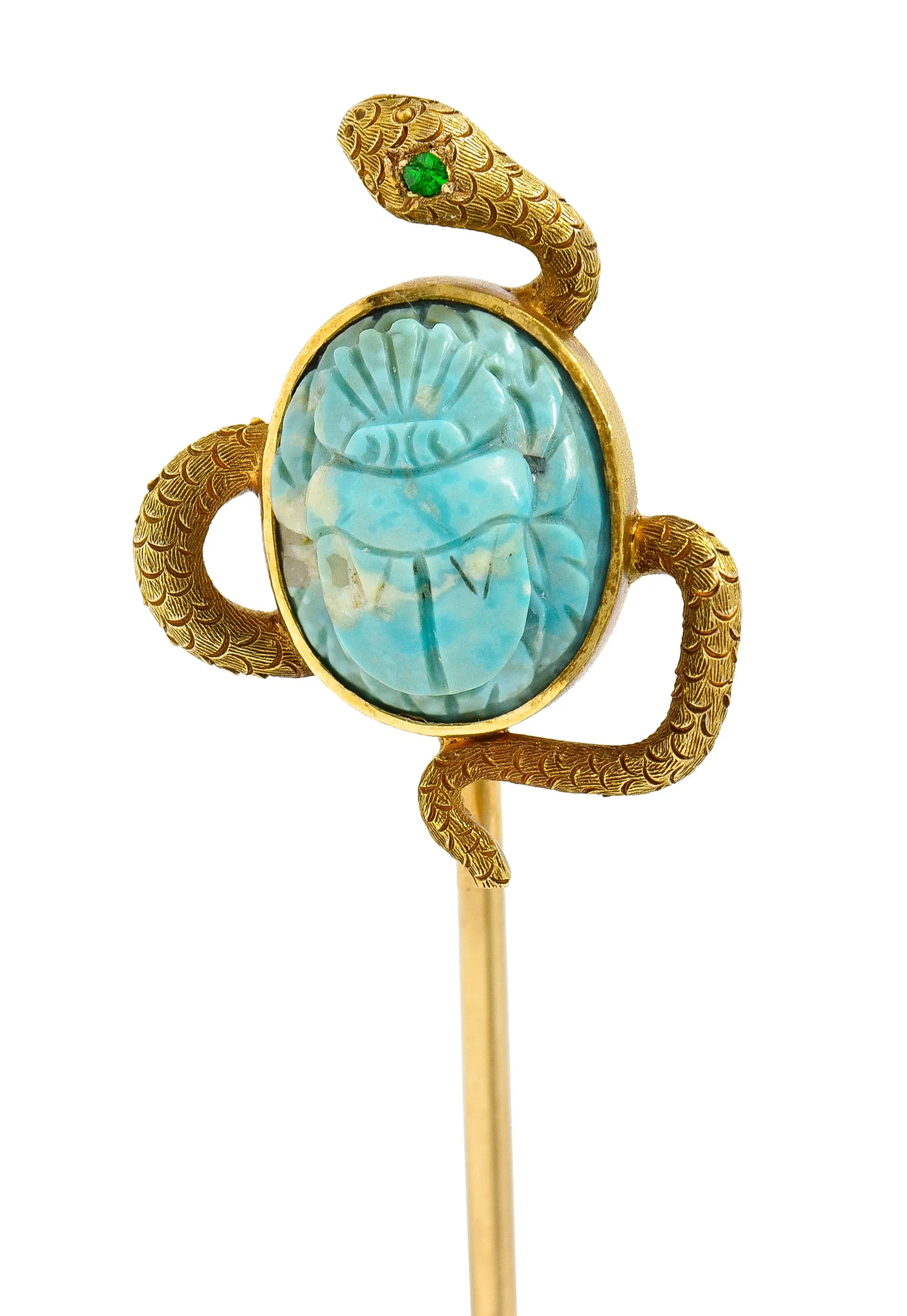 Victorian Turquoise Emerald 14 Karat Yellow Gold Scarab Snake Antique Unisex Stickpin