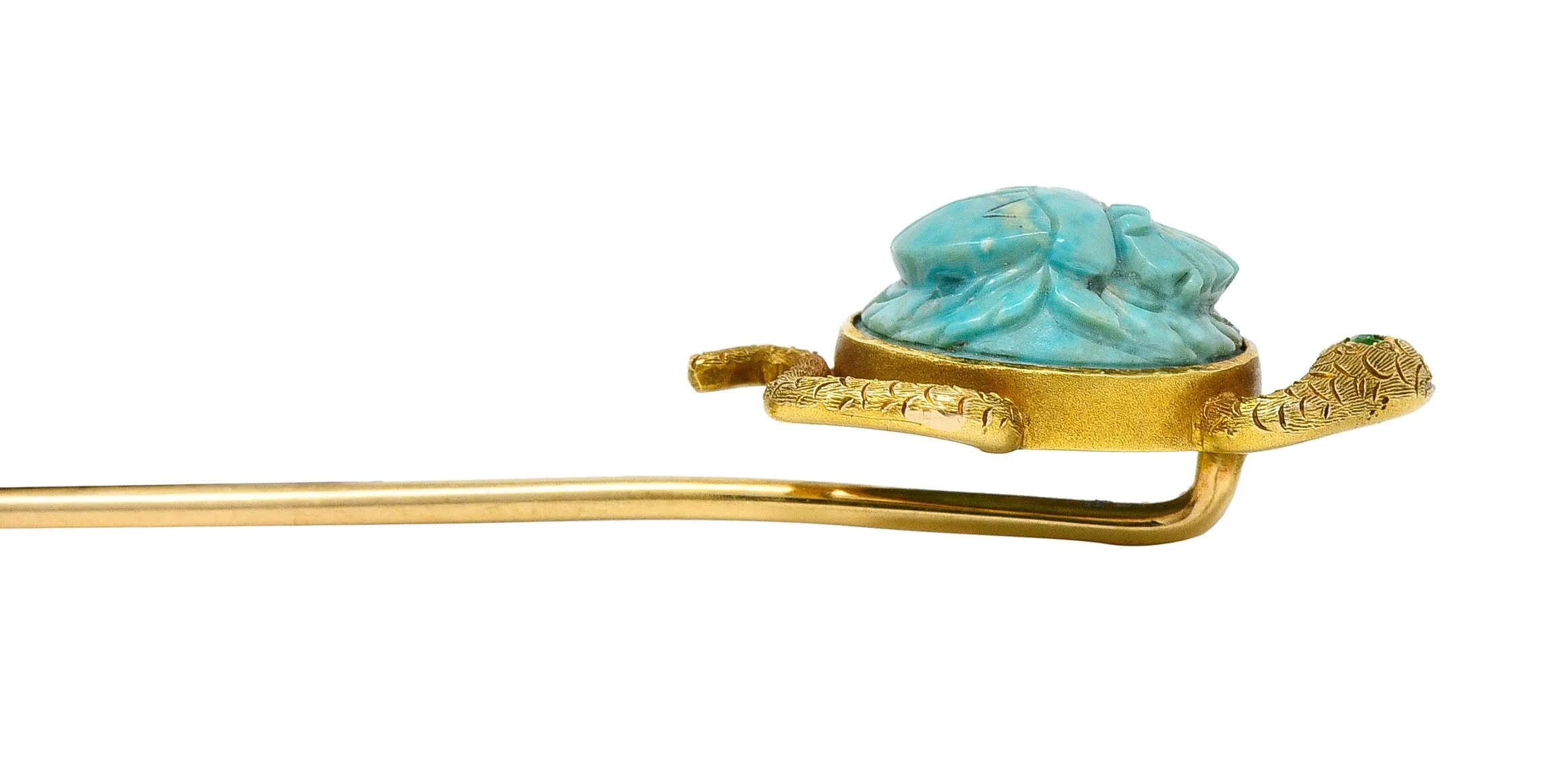 Victorian Turquoise Emerald 14 Karat Yellow Gold Scarab Snake Antique Unisex Stickpin