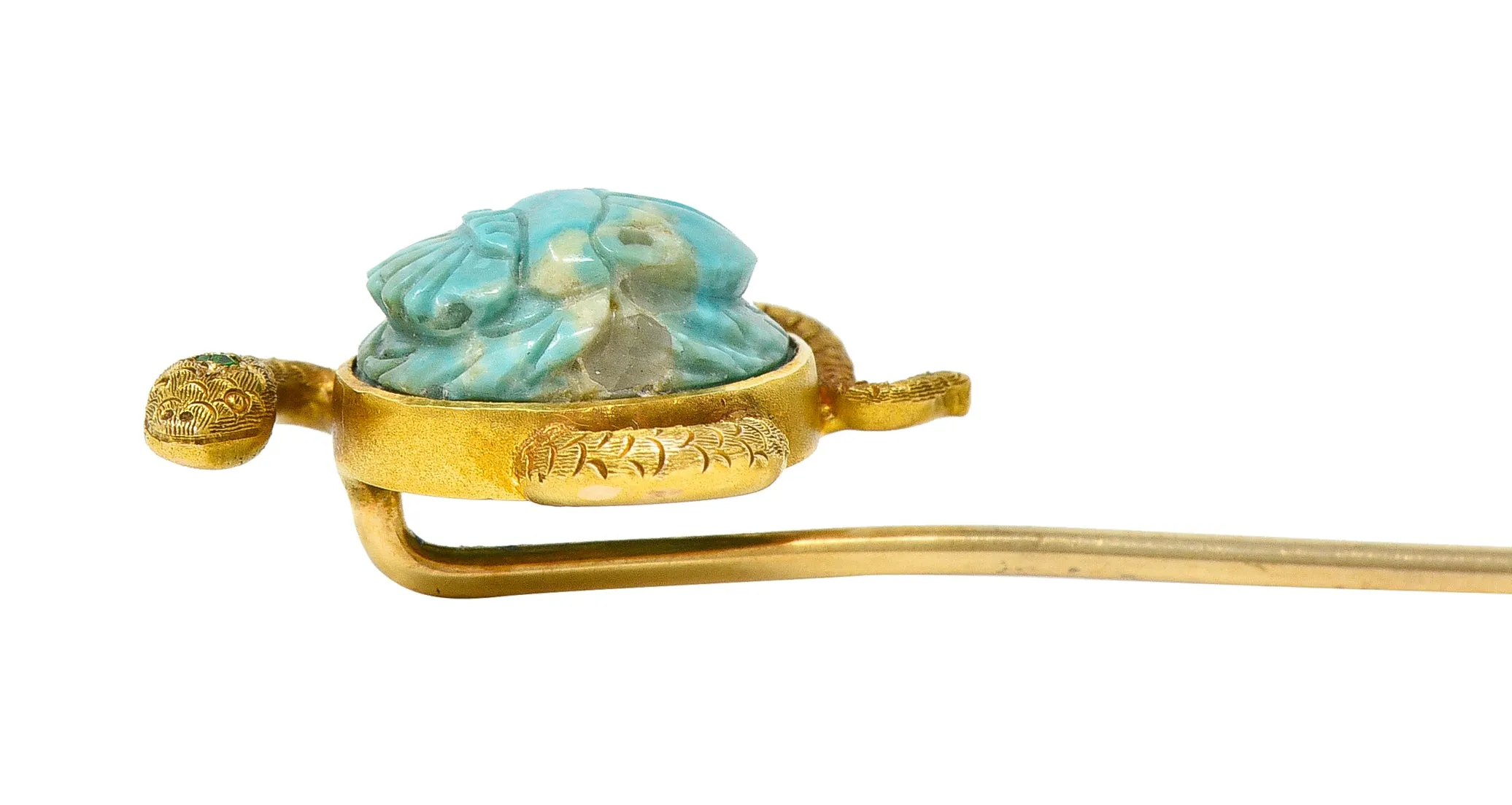 Victorian Turquoise Emerald 14 Karat Yellow Gold Scarab Snake Antique Unisex Stickpin
