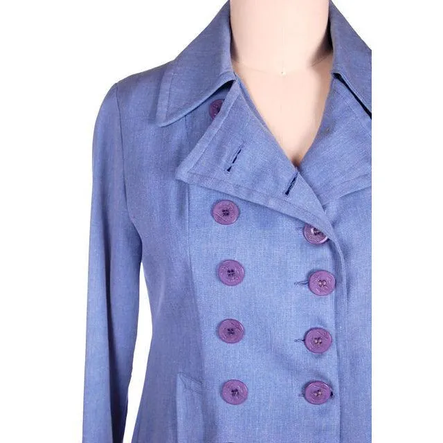 Vintage Blue Chambray Trench Coat Bright Red Lining 1970s 38-36-44