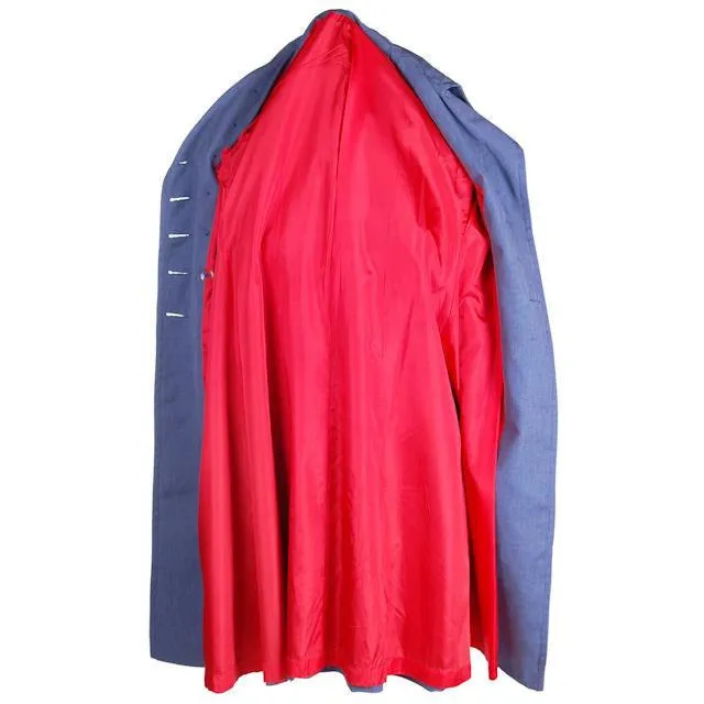 Vintage Blue Chambray Trench Coat Bright Red Lining 1970s 38-36-44
