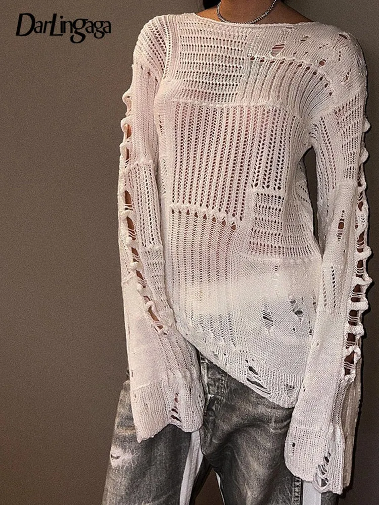 Vintage Distressed Holes Women's Sweater Casual Grunge Loose Long Pullovers