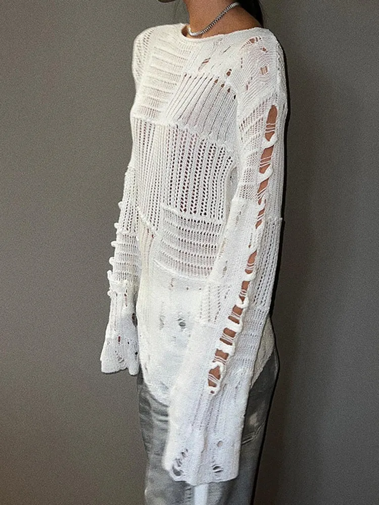 Vintage Distressed Holes Women's Sweater Casual Grunge Loose Long Pullovers