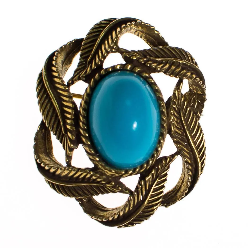Vintage Gold Tone Brooch with Turquoise Lucite Cabochon