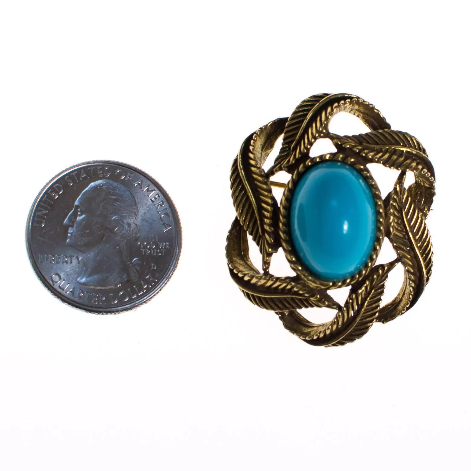 Vintage Gold Tone Brooch with Turquoise Lucite Cabochon