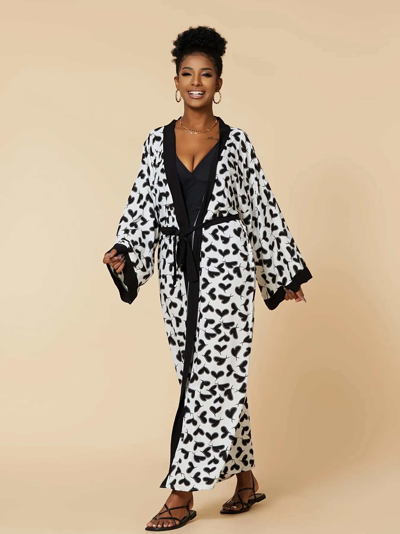 vlovelaw  Heart Print Beach Wear Tunics, Boho Open Front Long Sleeve Summer Long Length Tunics, Women's Clothing