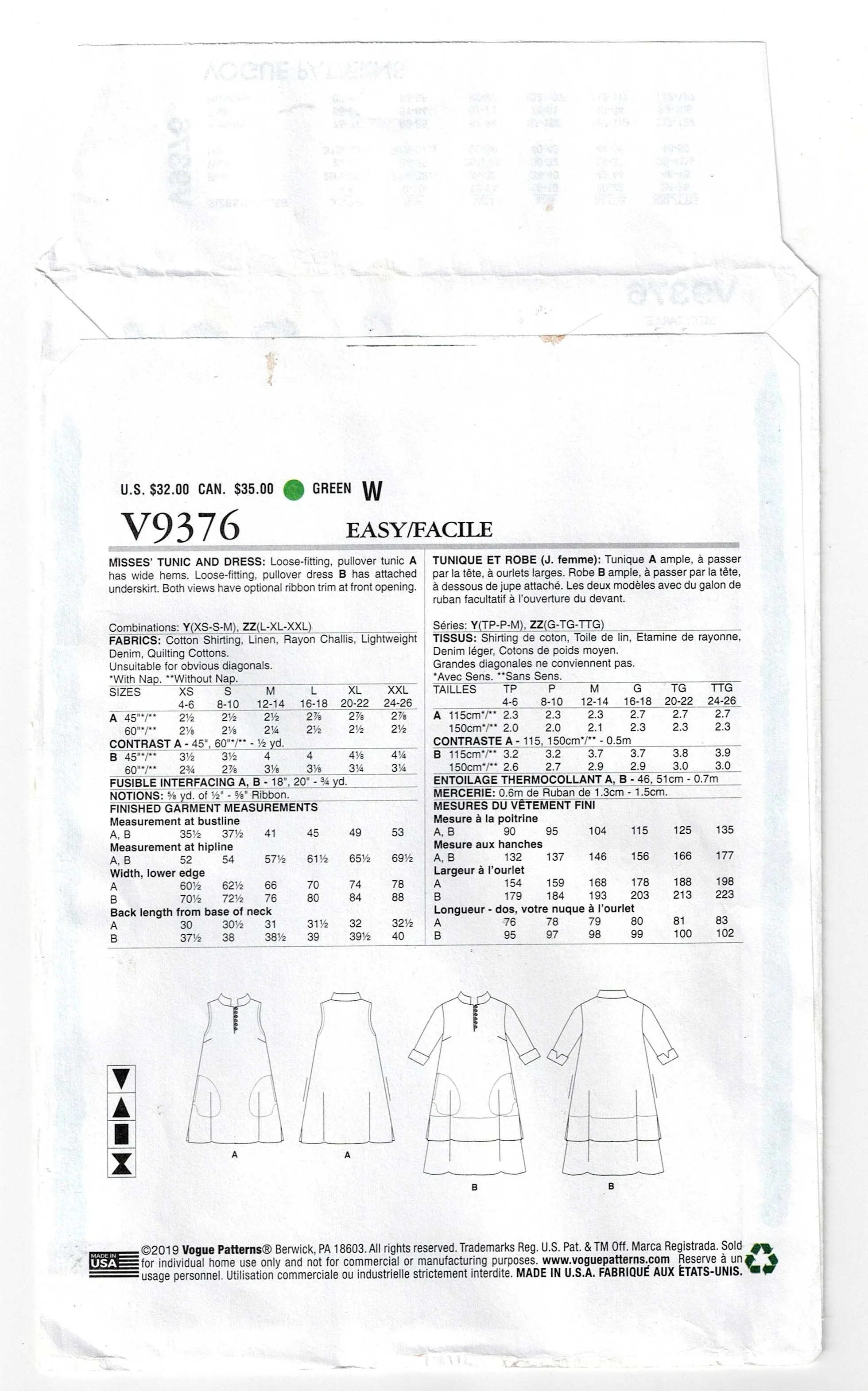 Vogue Designer Original V9376 MARCY TILTON Womens Flared Tunic and Dress Out Of Print Sewing Pattern Sizes XS - M or L - XXL UNCUT Factory Folded