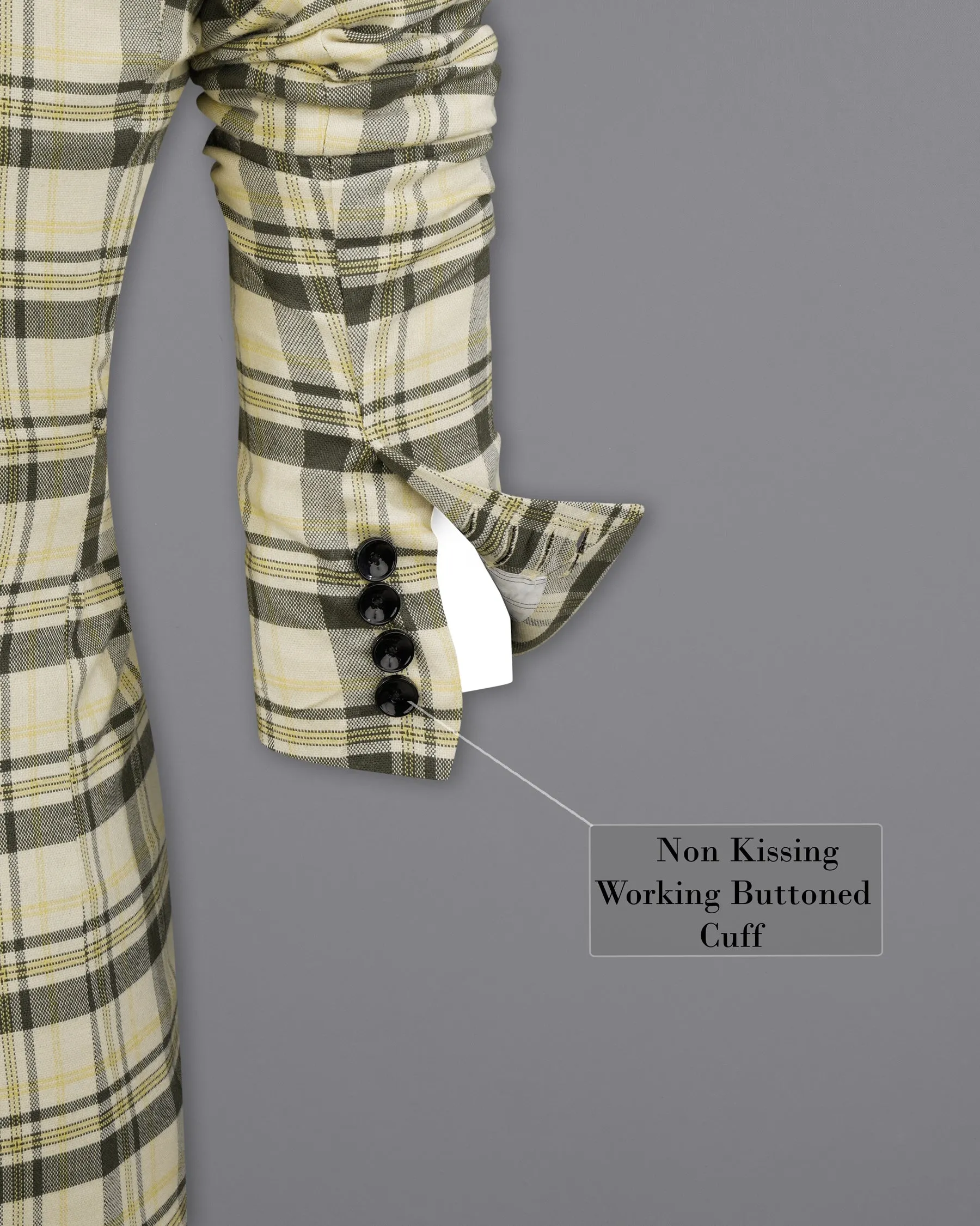 Wheatfield Cream with Taupe Green Plaid Premium Cotton with Belt Closure Designer Trench Coat