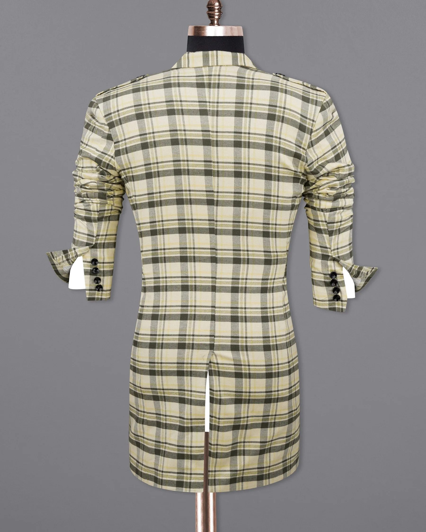 Wheatfield Cream with Taupe Green Plaid Premium Cotton with Belt Closure Designer Trench Coat