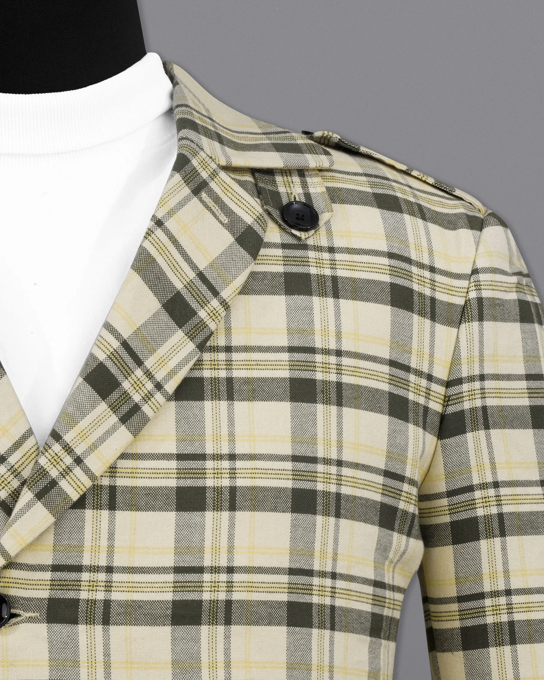 Wheatfield Cream with Taupe Green Plaid Premium Cotton with Belt Closure Designer Trench Coat