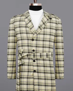 Wheatfield Cream with Taupe Green Plaid Premium Cotton with Belt Closure Designer Trench Coat