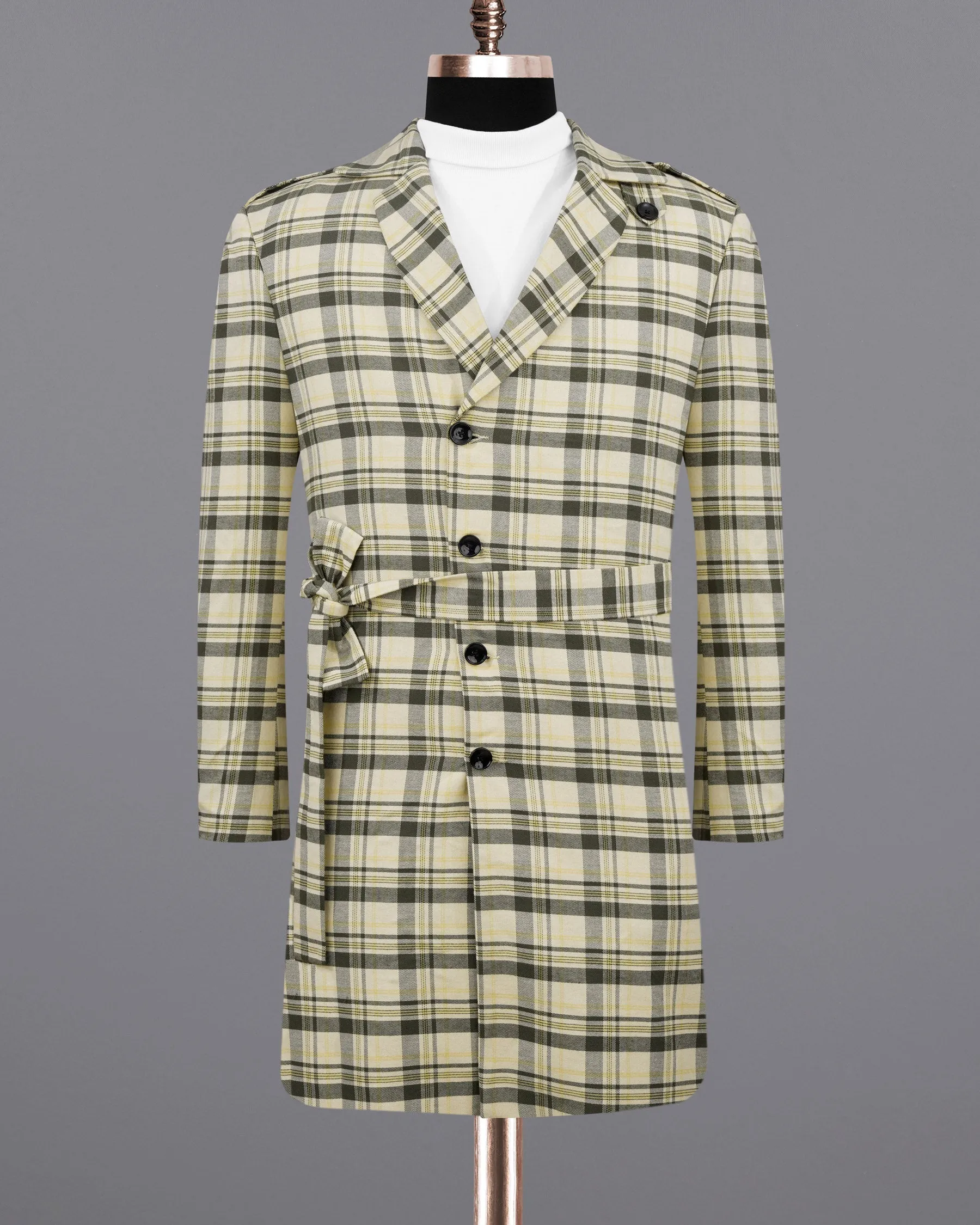 Wheatfield Cream with Taupe Green Plaid Premium Cotton with Belt Closure Designer Trench Coat