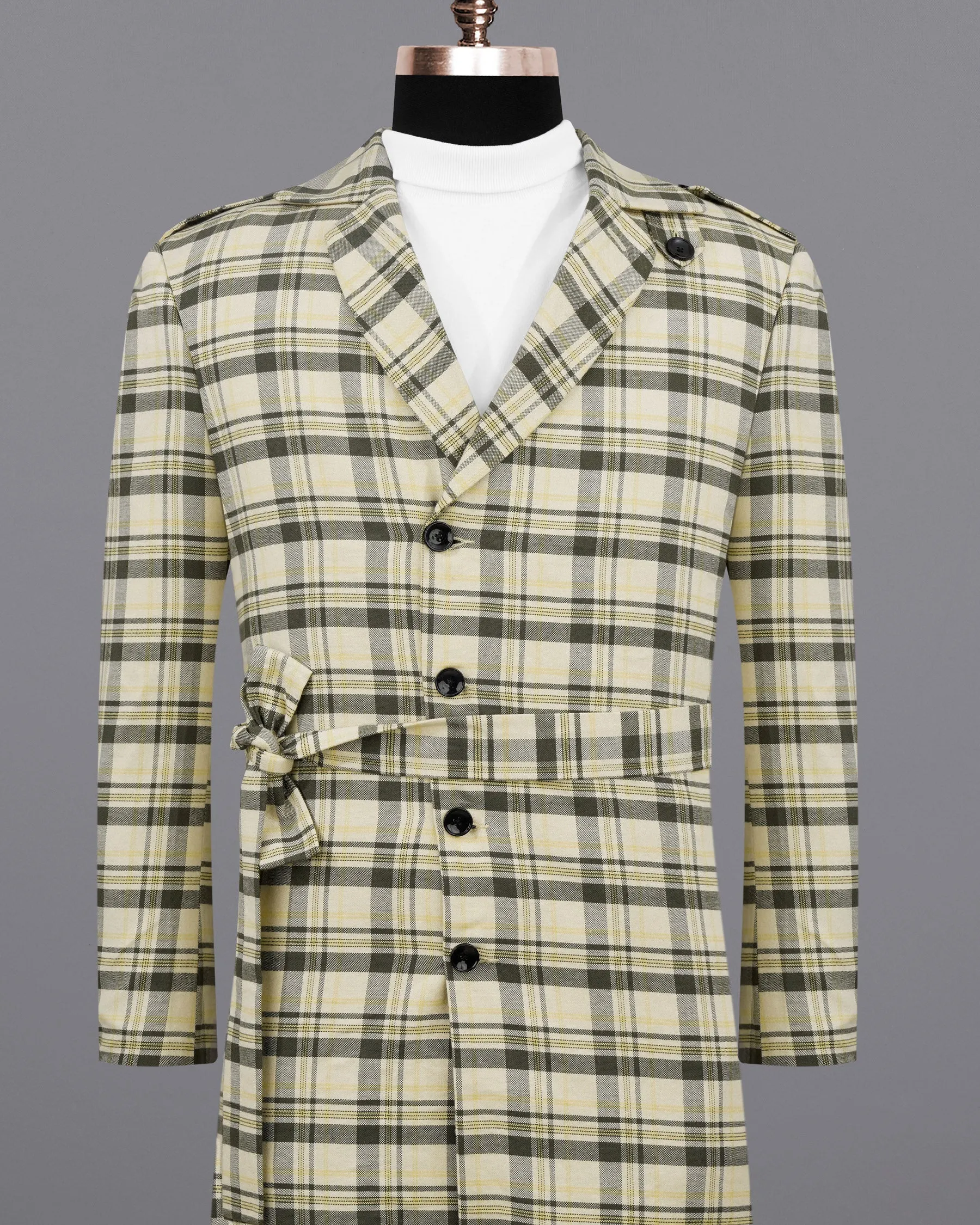 Wheatfield Cream with Taupe Green Plaid Premium Cotton with Belt Closure Designer Trench Coat