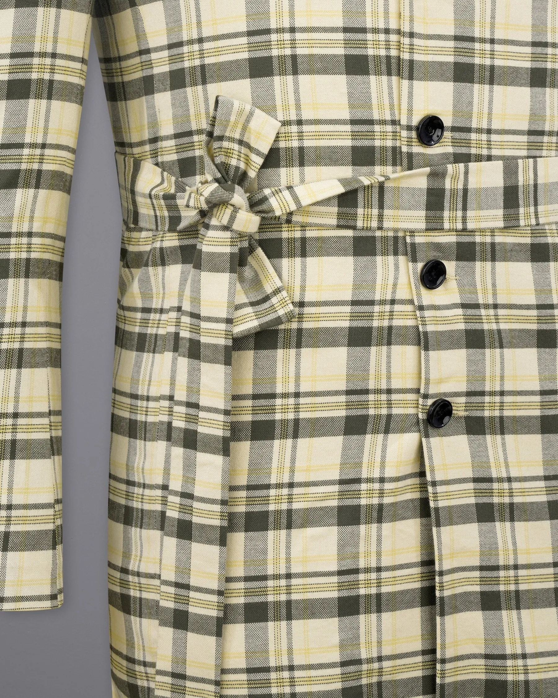 Wheatfield Cream with Taupe Green Plaid Premium Cotton with Belt Closure Designer Trench Coat