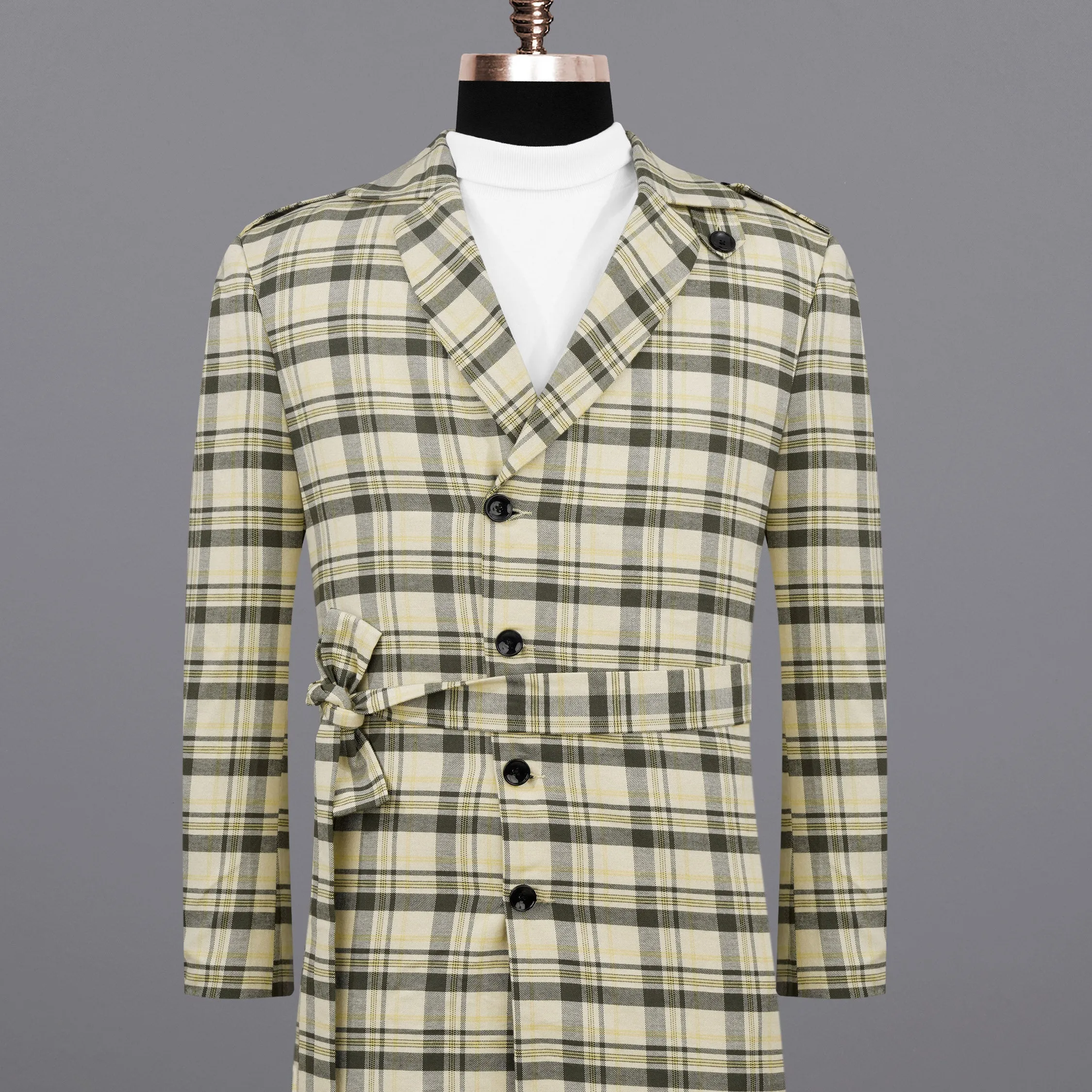 Wheatfield Cream with Taupe Green Plaid Premium Cotton with Belt Closure Designer Trench Coat