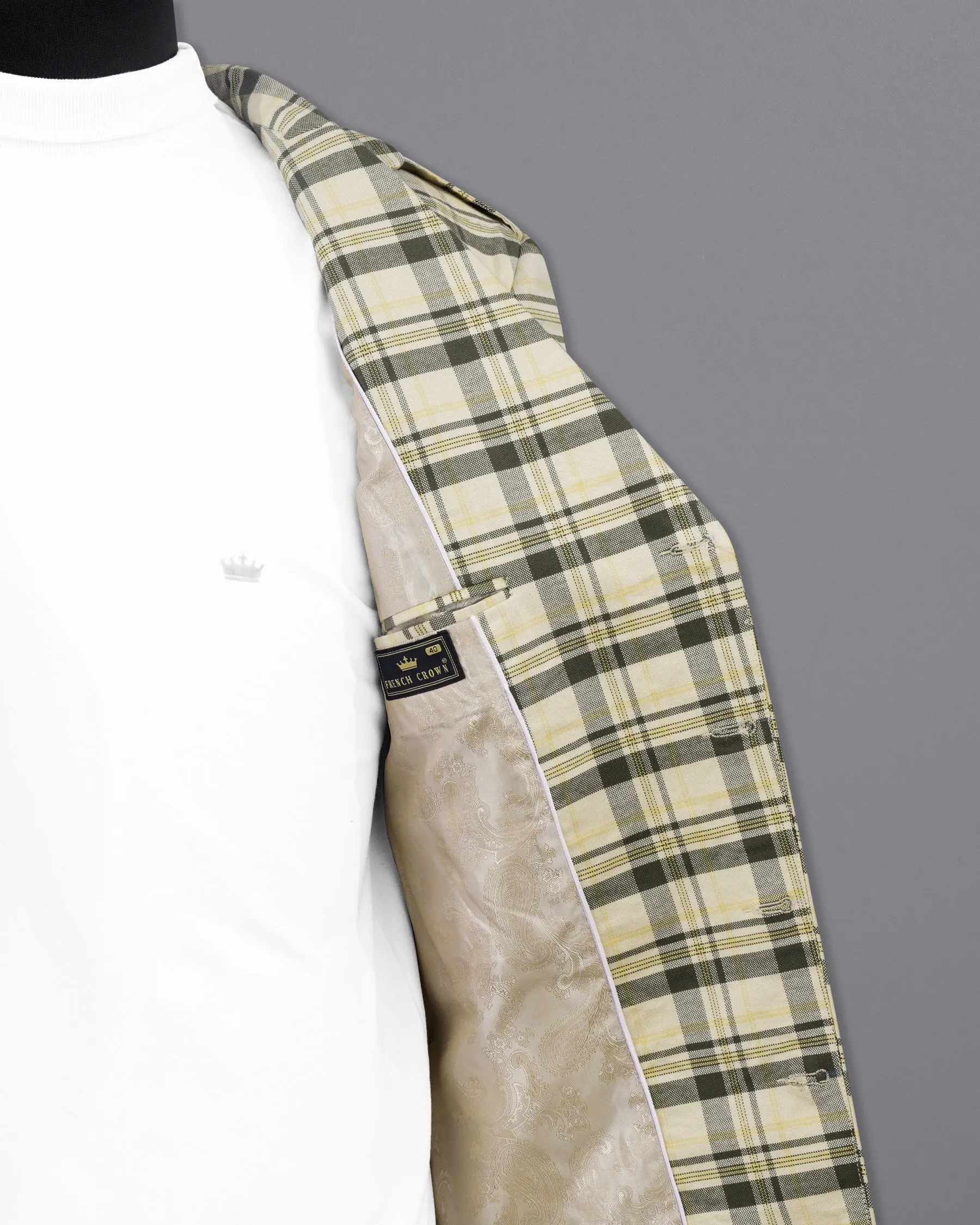 Wheatfield Cream with Taupe Green Plaid Premium Cotton with Belt Closure Designer Trench Coat