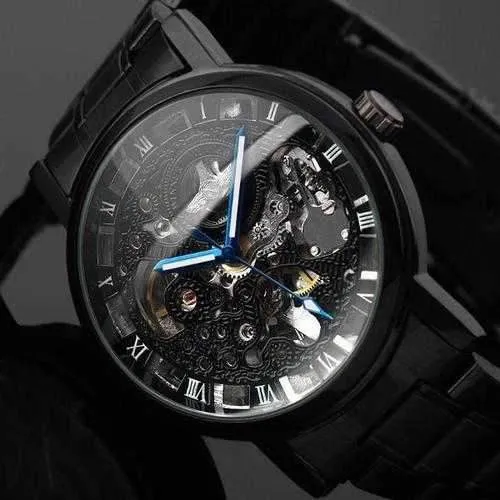 WINNER Fashion Sculpture Mechanical Watch Retro Stainless Steel Strap Men Automatic Watch