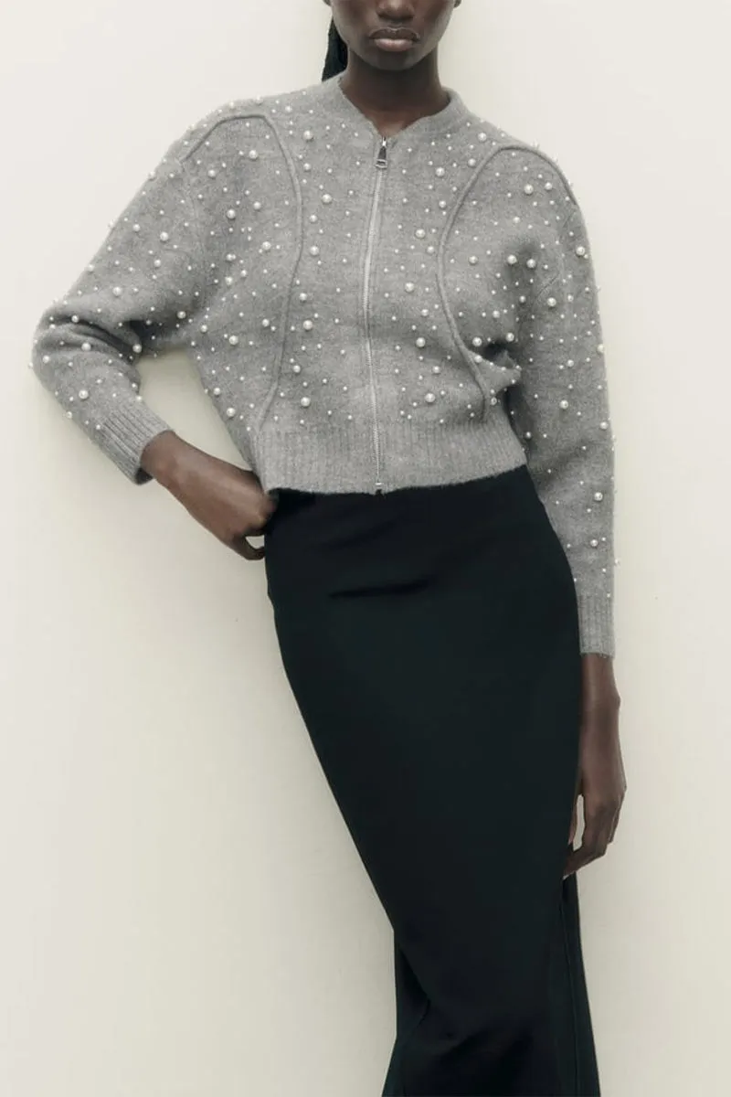 WK0458 Pearls Studded Sweater