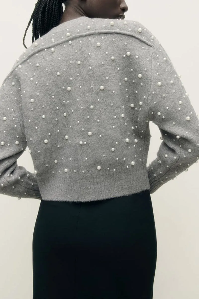 WK0458 Pearls Studded Sweater