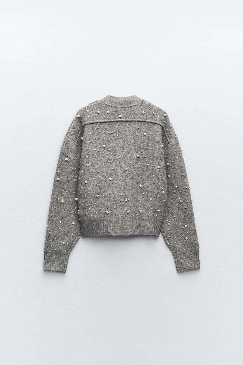 WK0458 Pearls Studded Sweater