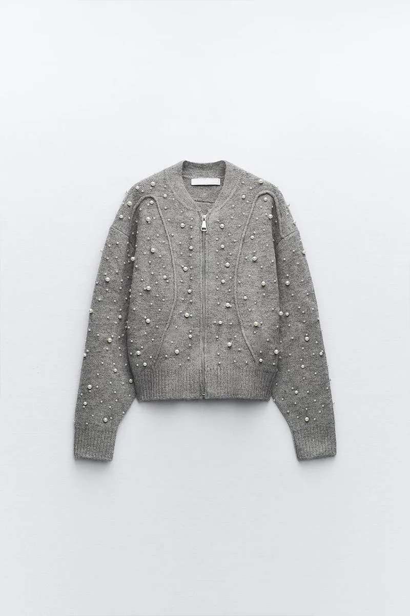 WK0458 Pearls Studded Sweater