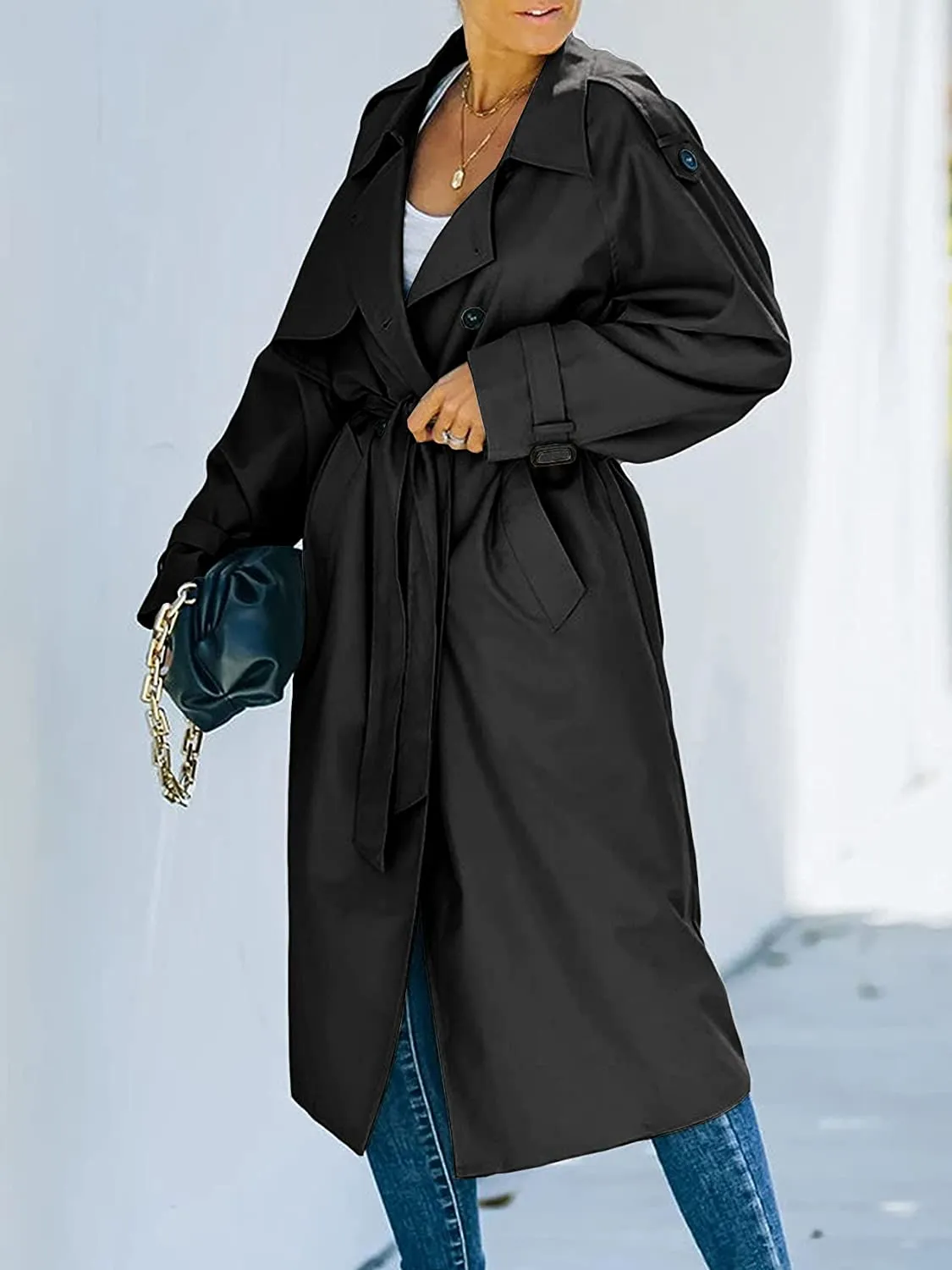Wolffmode Women's Double-Breasted Raincoat with Belt and Classic Lapels for All Weather