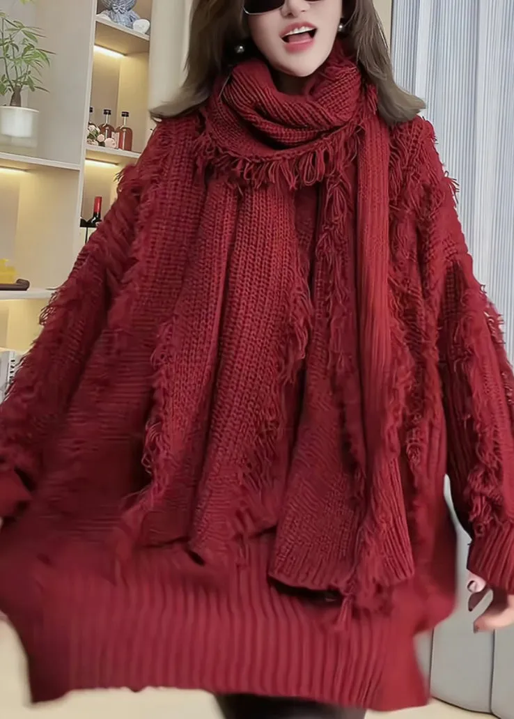 Women Red Tassel Patchwork Knitted Sweaters Spring TN030