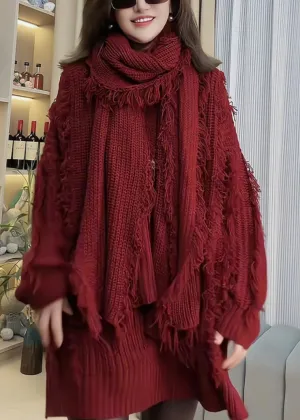 Women Red Tassel Patchwork Knitted Sweaters Spring TN030