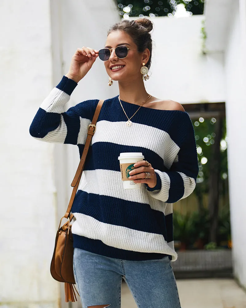 Women Sexy Round Neck Wide Stripe Loose sweater