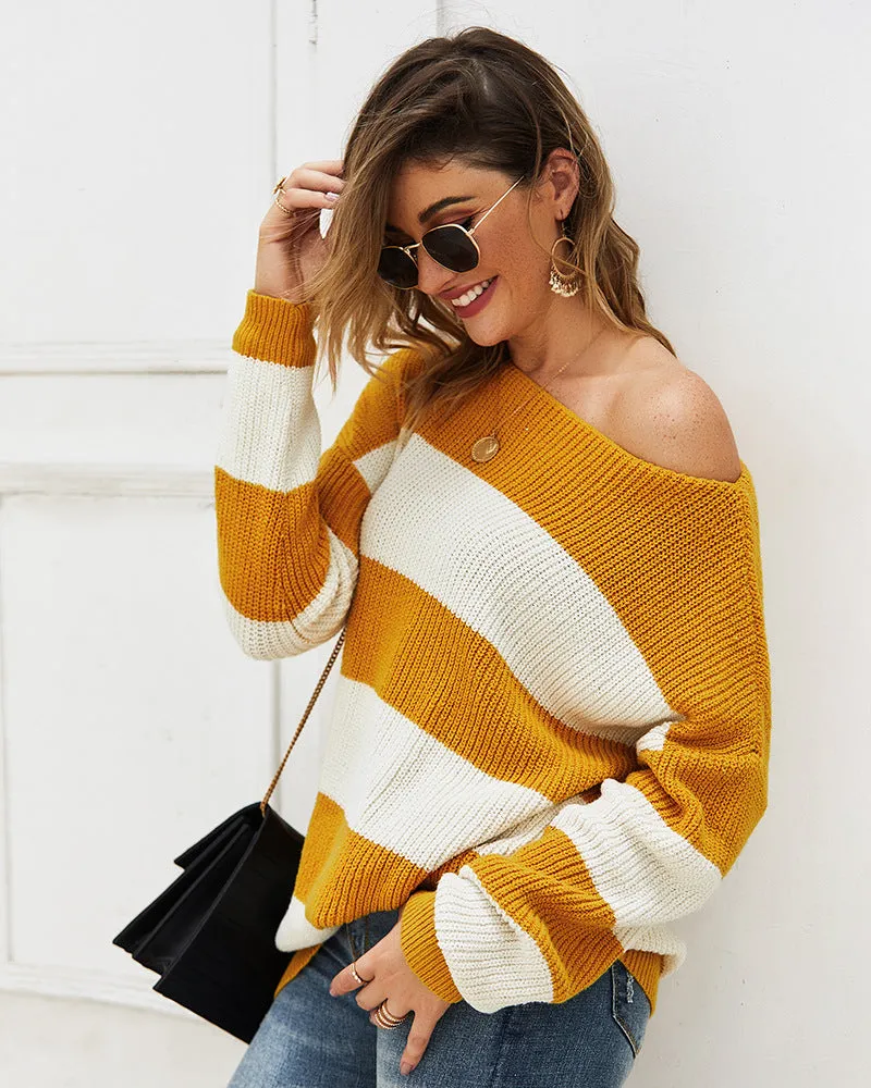Women Sexy Round Neck Wide Stripe Loose sweater