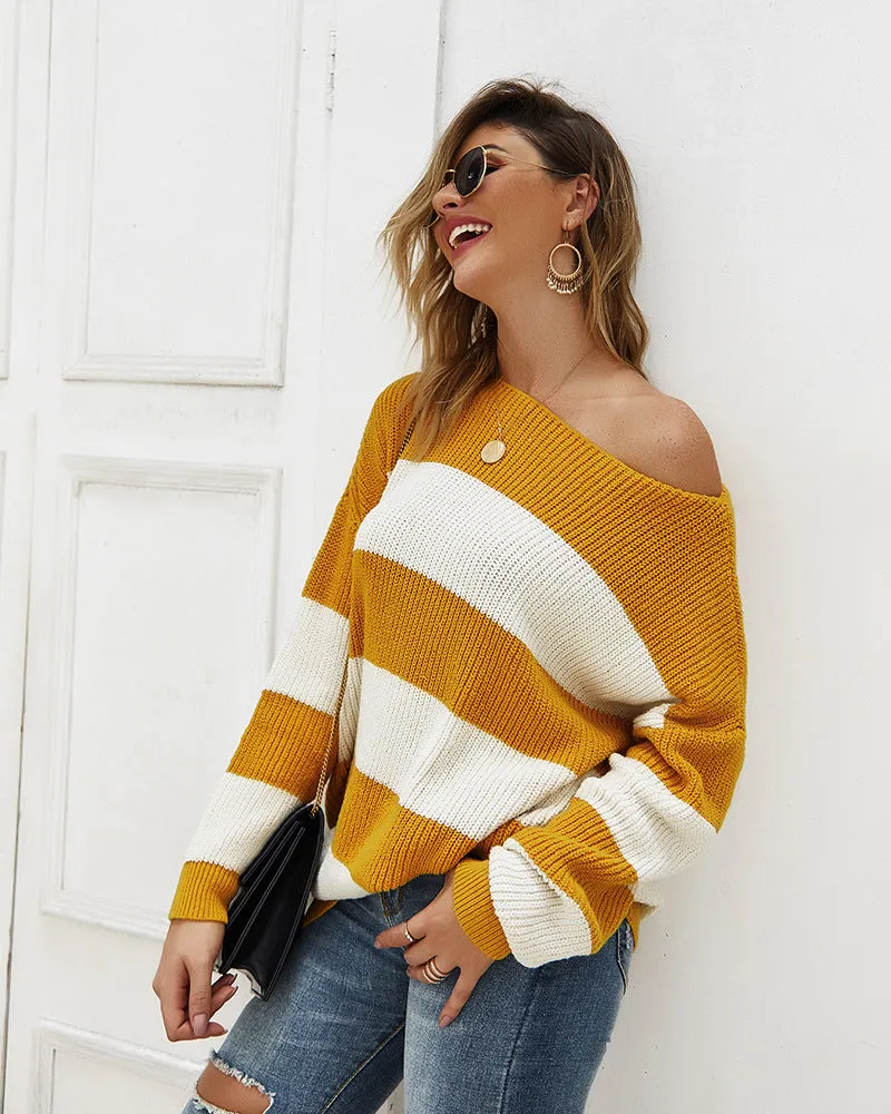 Women Sexy Round Neck Wide Stripe Loose sweater