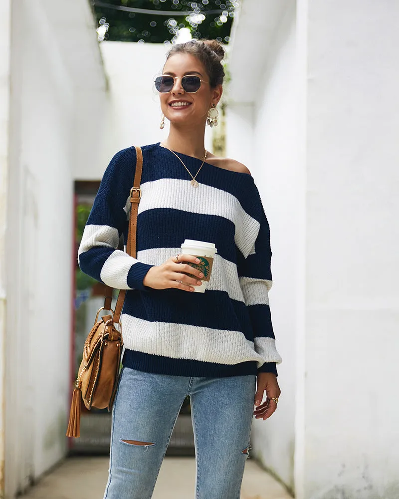 Women Sexy Round Neck Wide Stripe Loose sweater