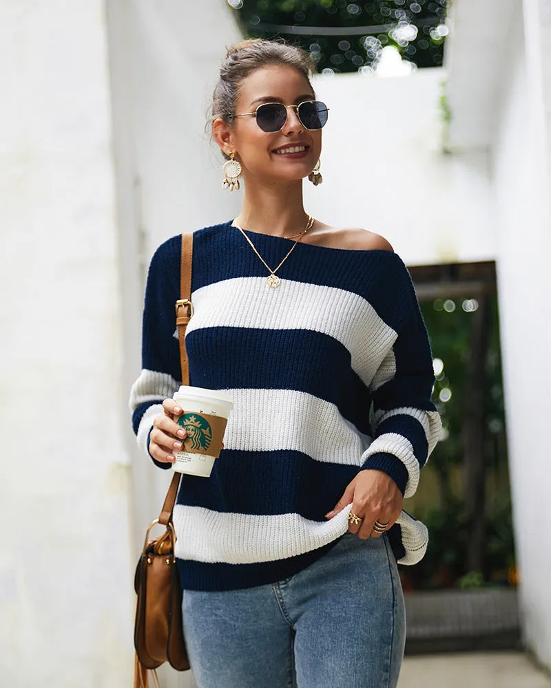 Women Sexy Round Neck Wide Stripe Loose sweater