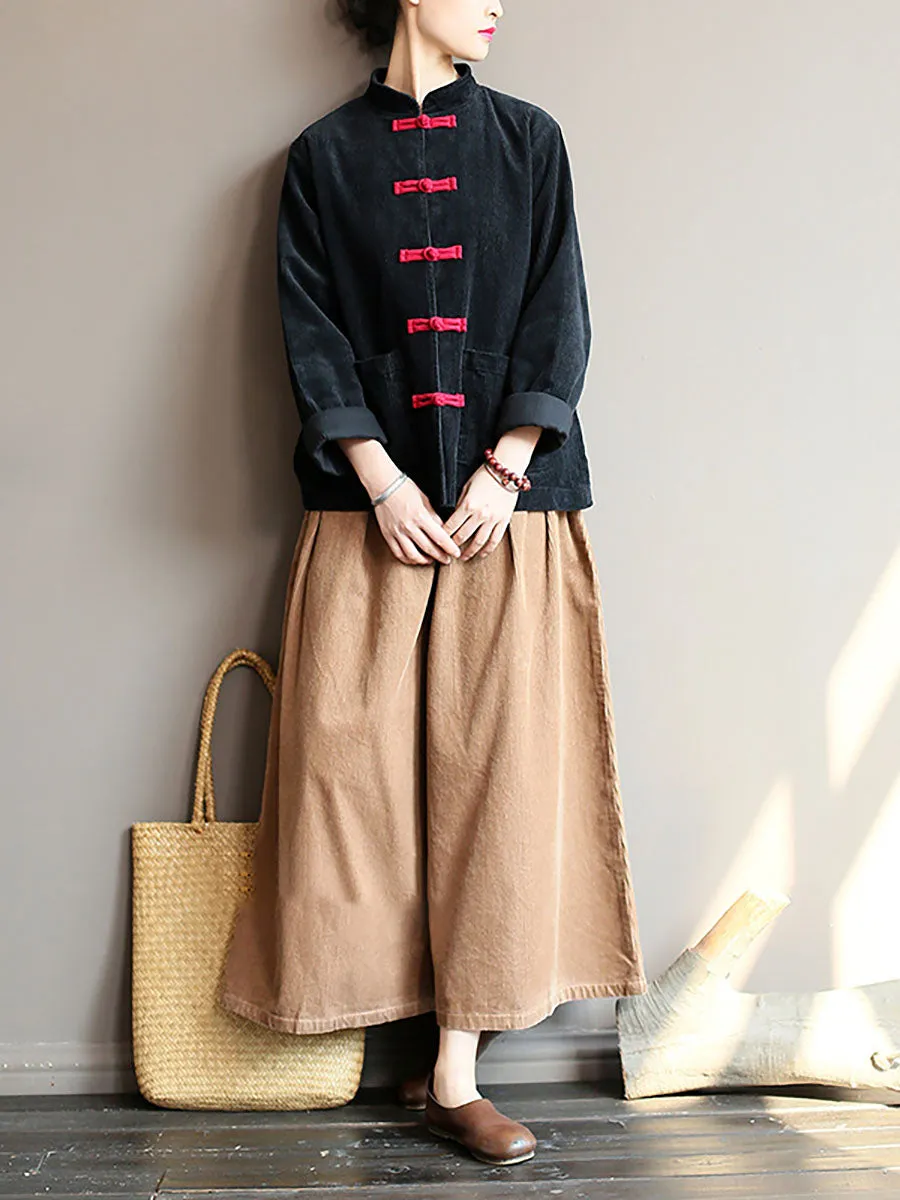 Women Winter Chinese Style Frog Corduroy Solid Pocket Coat