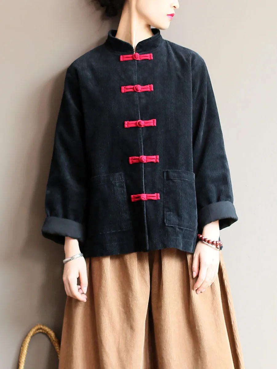 Women Winter Chinese Style Frog Corduroy Solid Pocket Coat