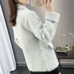 Women's Autumn and Winter Jacket Loose Long Sleeves Small Fragrance Knit Cardigan Lapel Fashion Sweater