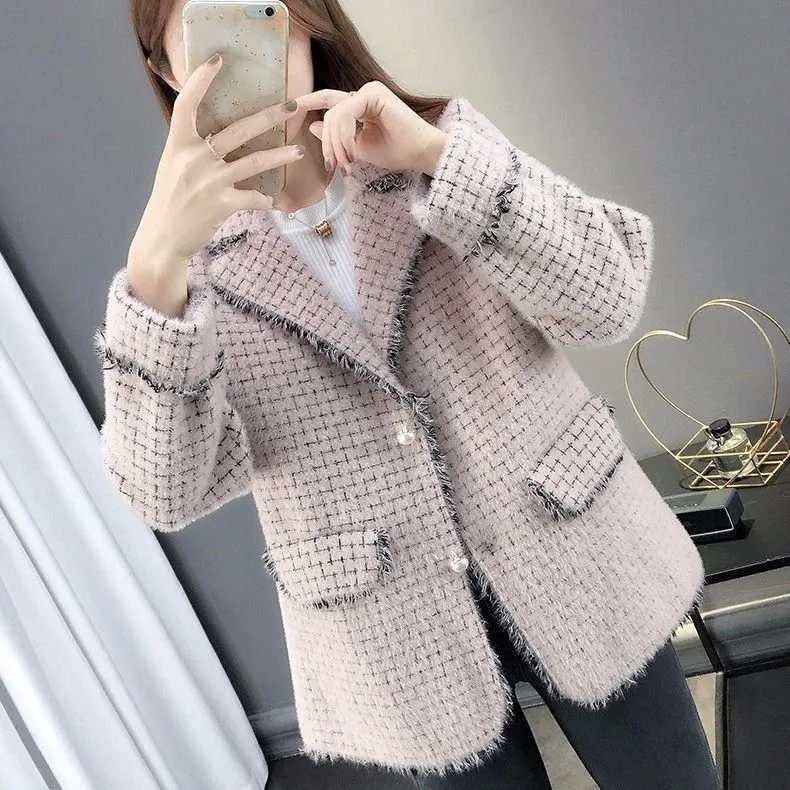 Women's Autumn and Winter Jacket Loose Long Sleeves Small Fragrance Knit Cardigan Lapel Fashion Sweater