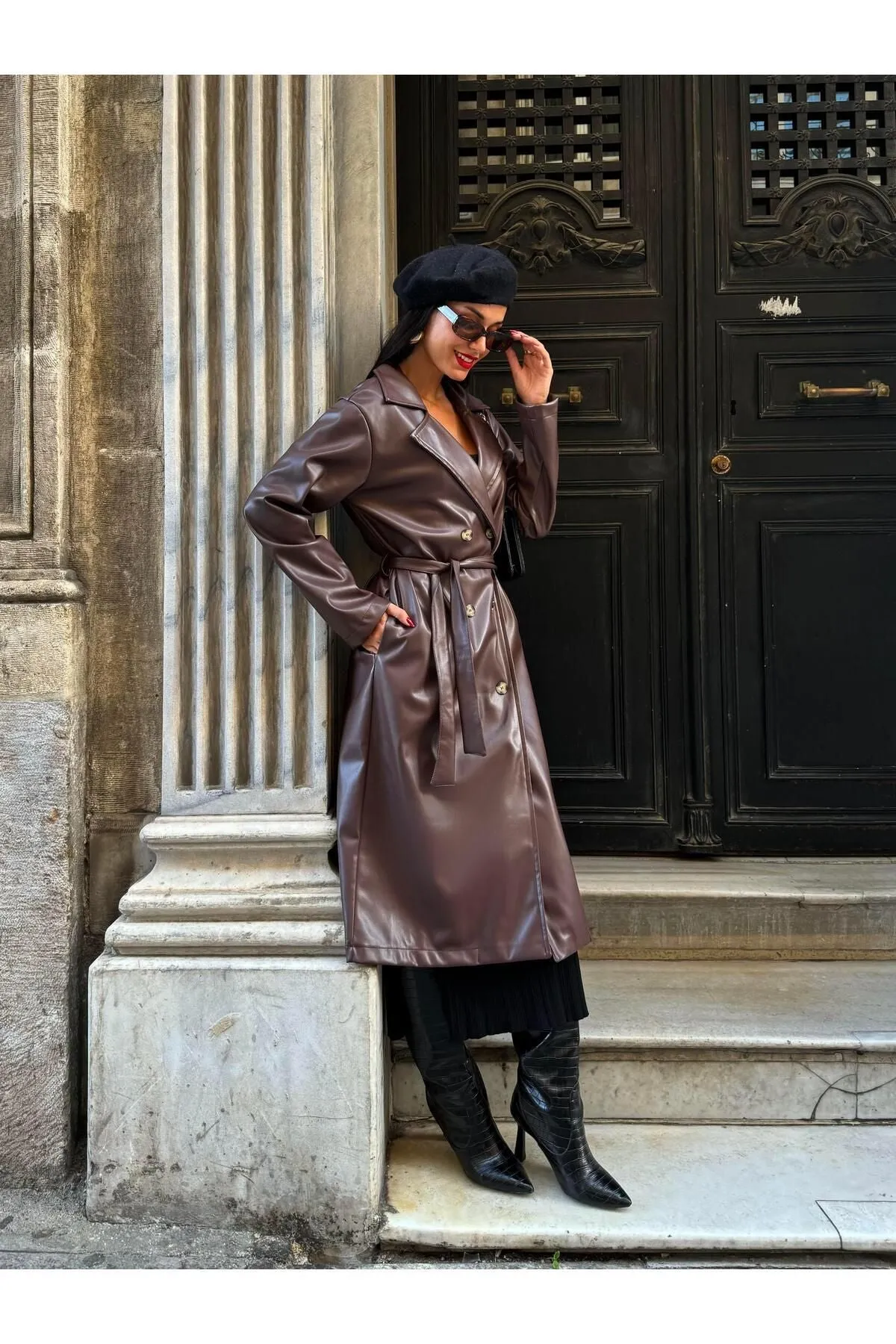Women's Brown Double-Breasted Trench Coat