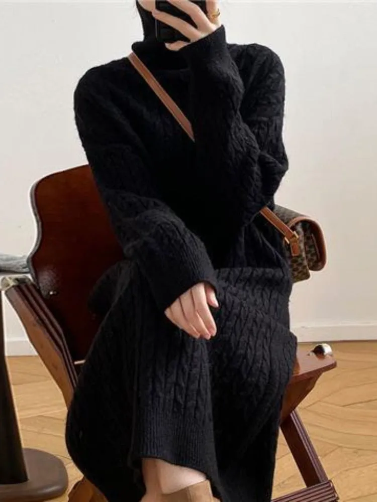 Women's Casual Sweater Dress High Collar Loose Thick Warm Long Sweater Dress