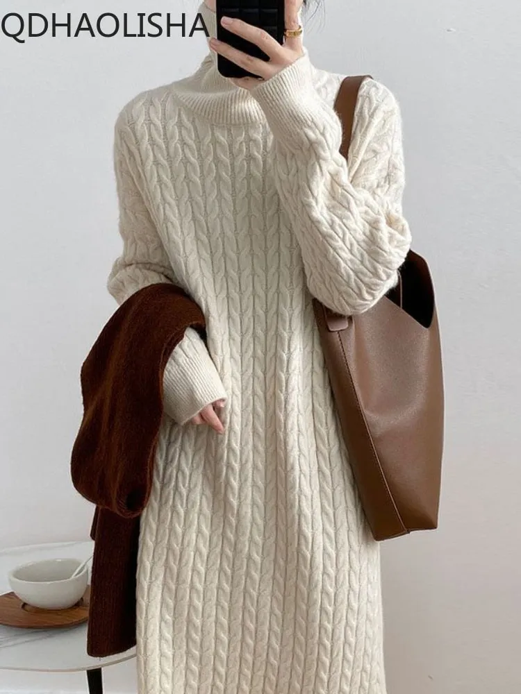 Women's Casual Sweater Dress High Collar Loose Thick Warm Long Sweater Dress