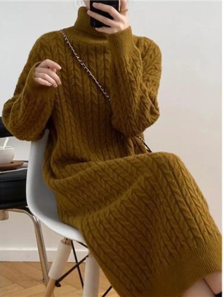 Women's Casual Sweater Dress High Collar Loose Thick Warm Long Sweater Dress