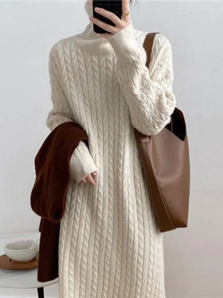 Women's Casual Sweater Dress High Collar Loose Thick Warm Long Sweater Dress