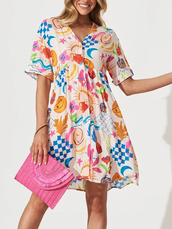 Women's Colorful Button-Up A-Line Dress with Short Sleeves
